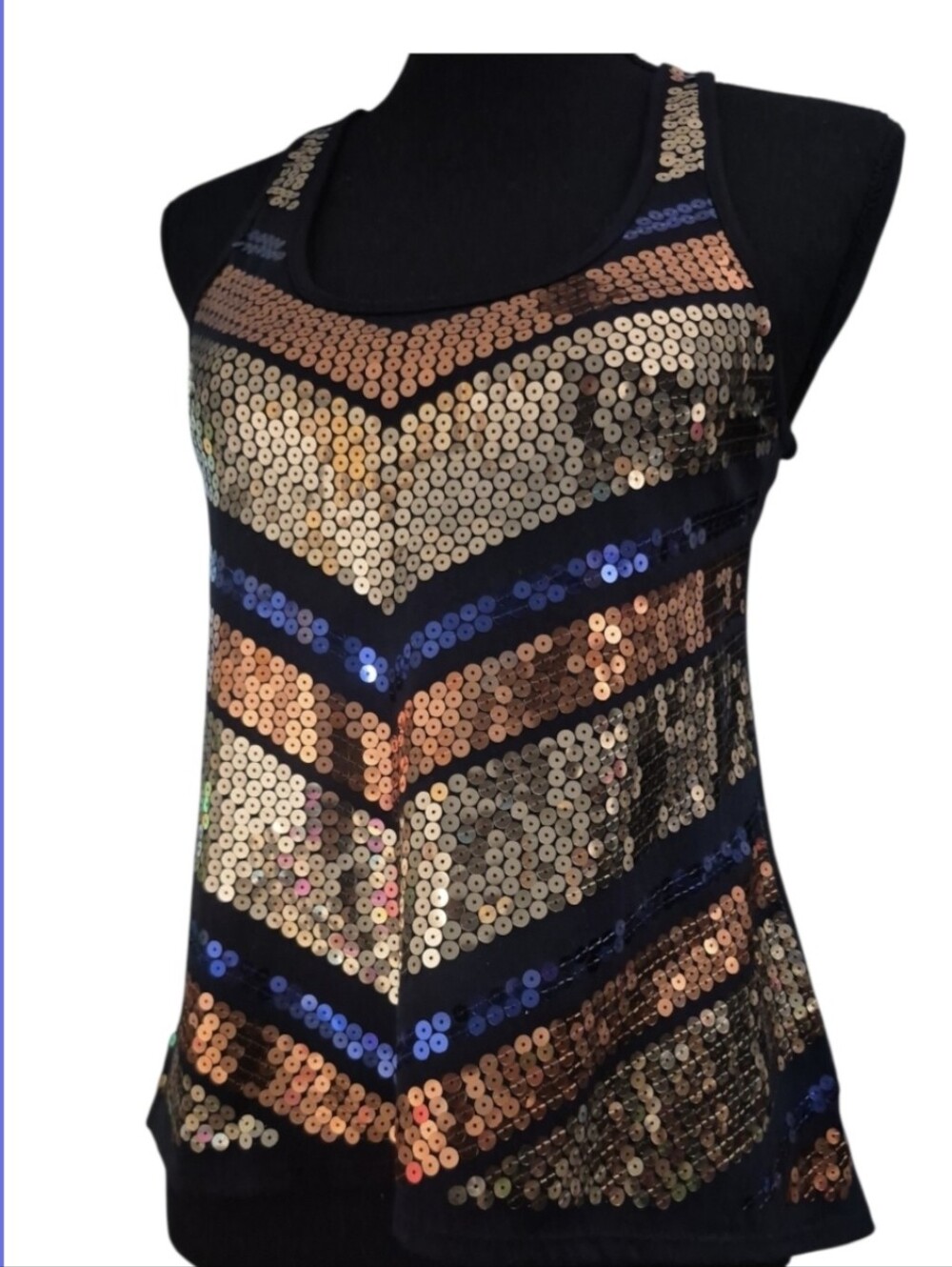Vintage Bongo Sequin Chevron Tank Top Gold Bronze Metallic Racerback Size Small